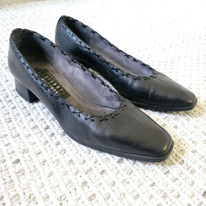 Stuart Weitzman Womens 7* Black Leather Heels Square Toe Whip Stitch Block Heel